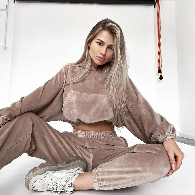 Damen Samt-Cropped-Loungewear-Set mit Kapuzenpullover und elastischer High-Waist-Jogginghose Drune