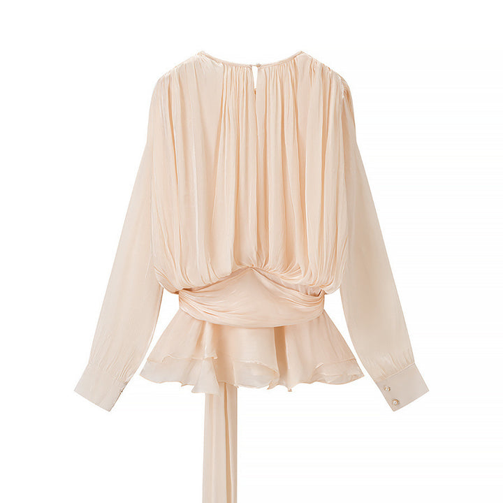 Damen Chiffon-Bluse mit drapierter Korsagen-Optik, Volant‑Peplum und Bindegürtel Drune