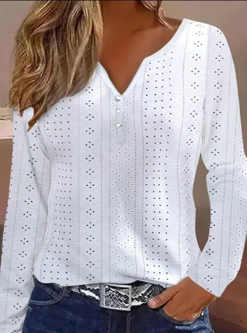 Damen Langarmshirt mit Lochmuster und modischen Knopfdetails Drune