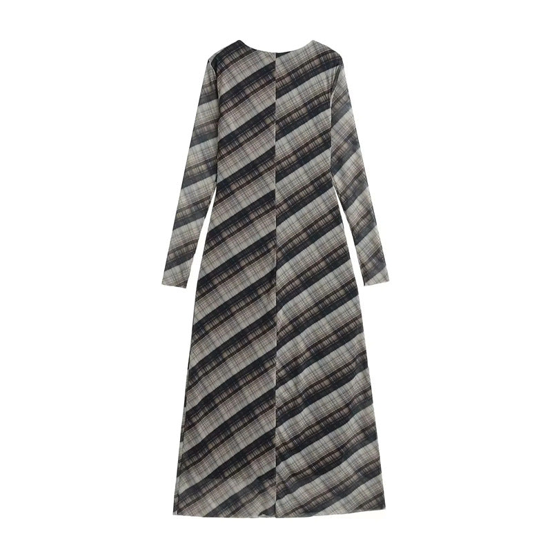 Damen nan langes Maxikleid mit diagonalem Karomuster, Rundhalsausschnitt und langem Ärmel Drune