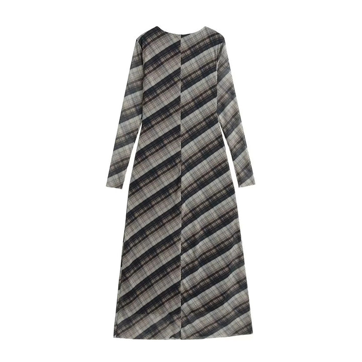 Damen nan langes Maxikleid mit diagonalem Karomuster, Rundhalsausschnitt und langem Ärmel Drune