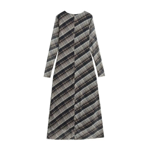 Damen nan langes Maxikleid mit diagonalem Karomuster, Rundhalsausschnitt und langem Ärmel Drune