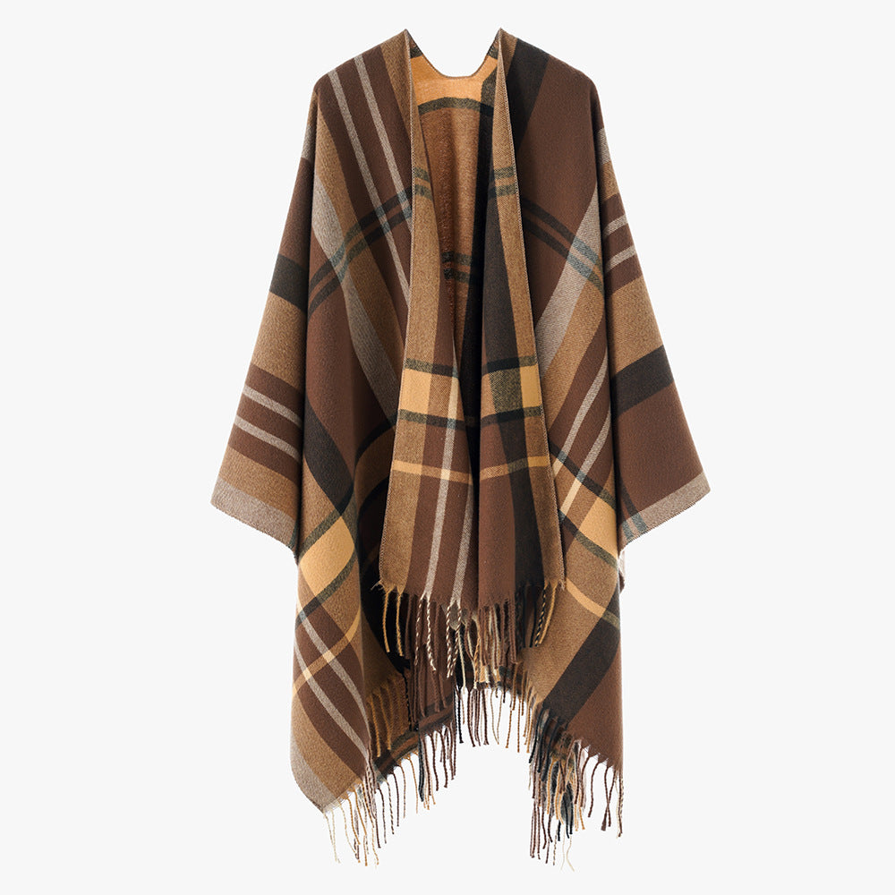 Damen Oversize Poncho-Cape mit Karomuster und Fransen Drune