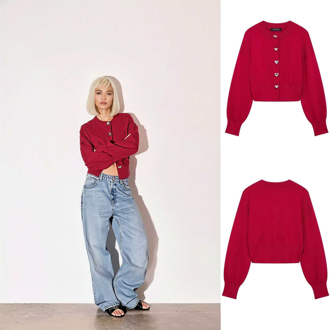 Damen stylische Strickjacke mit herzförmigen Knöpfen Drune