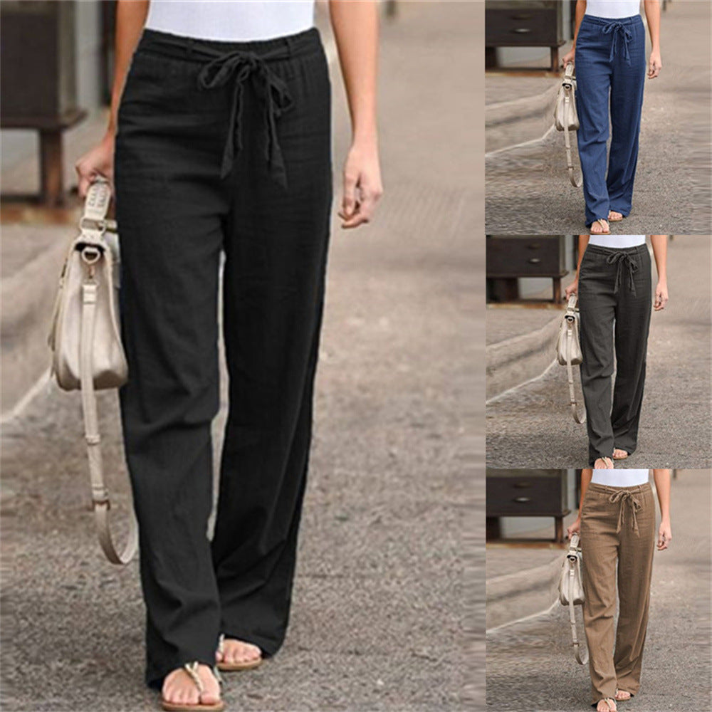 Damen nan weite Leinenhose mit Tunnelzugbund, geradem Bein und Eingrifftaschen Drune