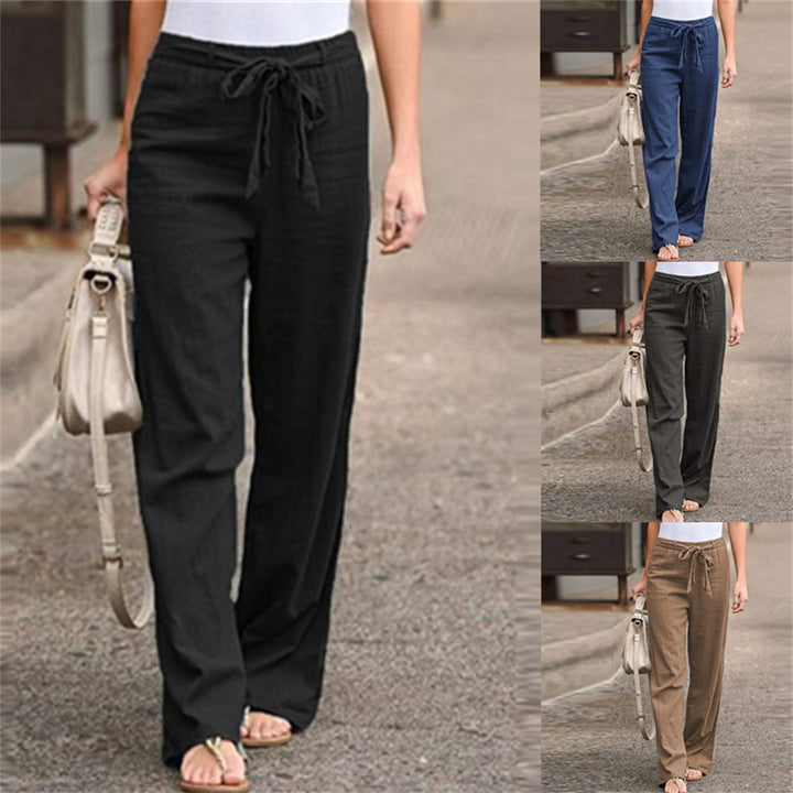 Damen nan weite Leinenhose mit Tunnelzugbund, geradem Bein und Eingrifftaschen Drune
