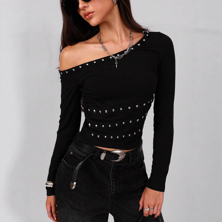 Damen nan asymmetrisches schulterfreies Langarmshirt mit Nietenbesatz und tailliertem Schnitt Drune