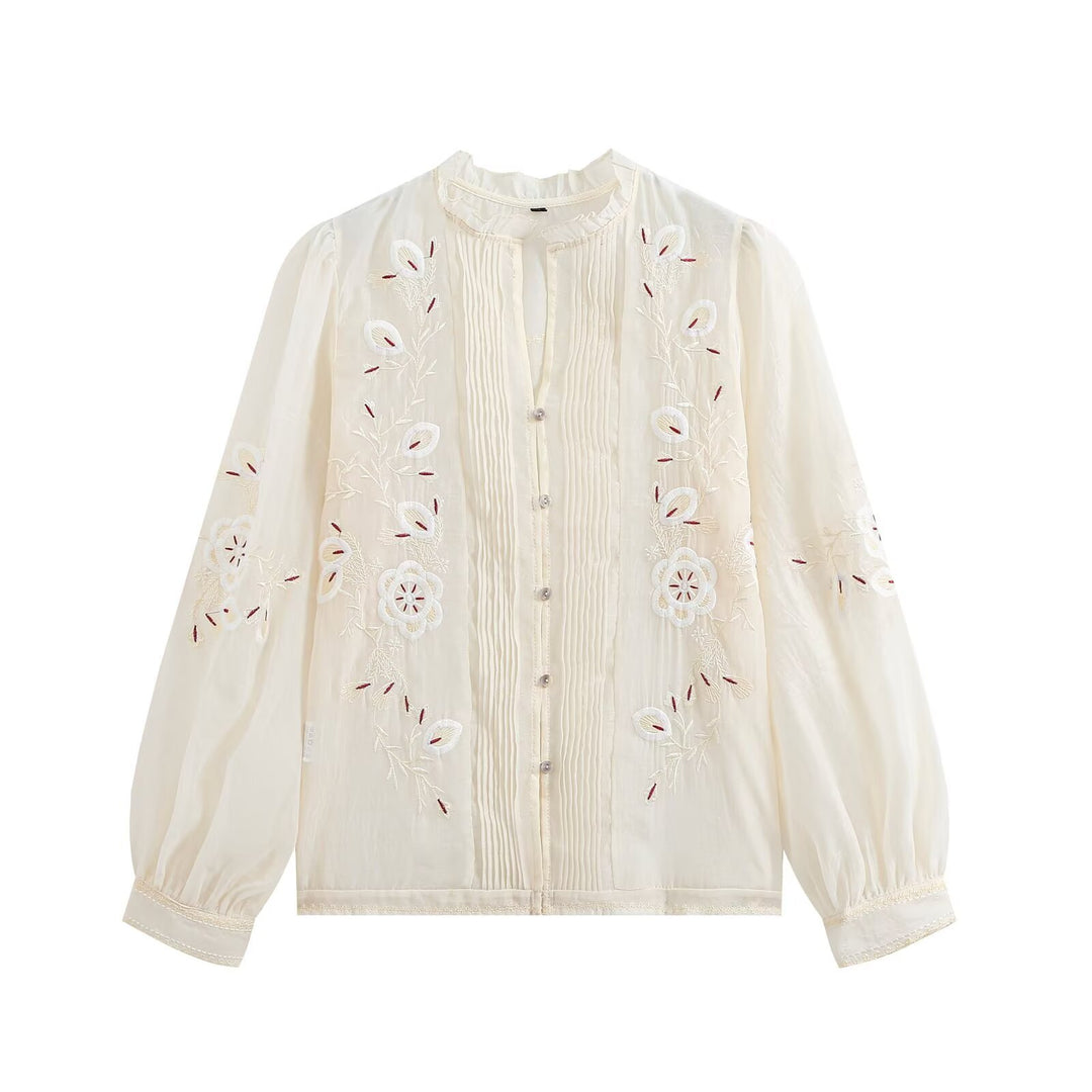 Damen Bestickte Chiffon-Bluse mit Plisseefront und Ballonärmeln Drune