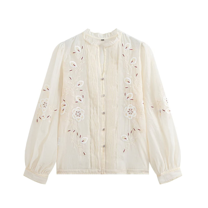 Damen Bestickte Chiffon-Bluse mit Plisseefront und Ballonärmeln Drune