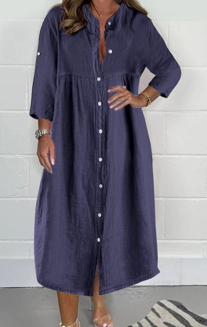Damen Lockere Empire Midi Hemdkleid im Leinenlook mit Stehkragen und 3/4 Ärmeln Drune