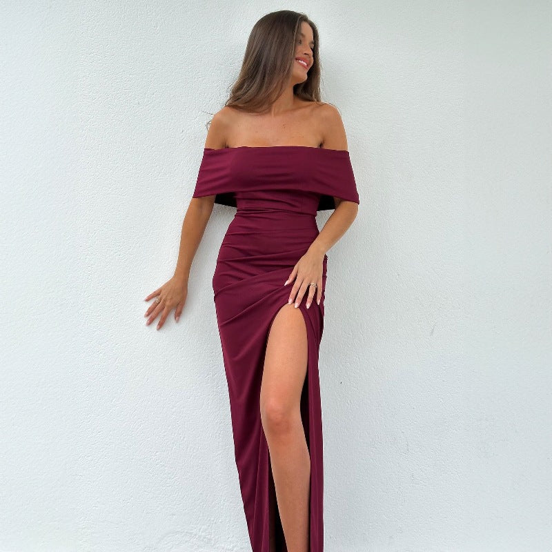 Damen Off-Shoulder Kleid mit figurformendem Schnitt und hohem Schlitz Drune