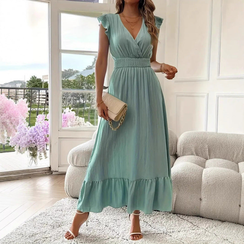 Damen Maxikleid mit voluminösen Rüschenärmel und elegantem Bund Drune