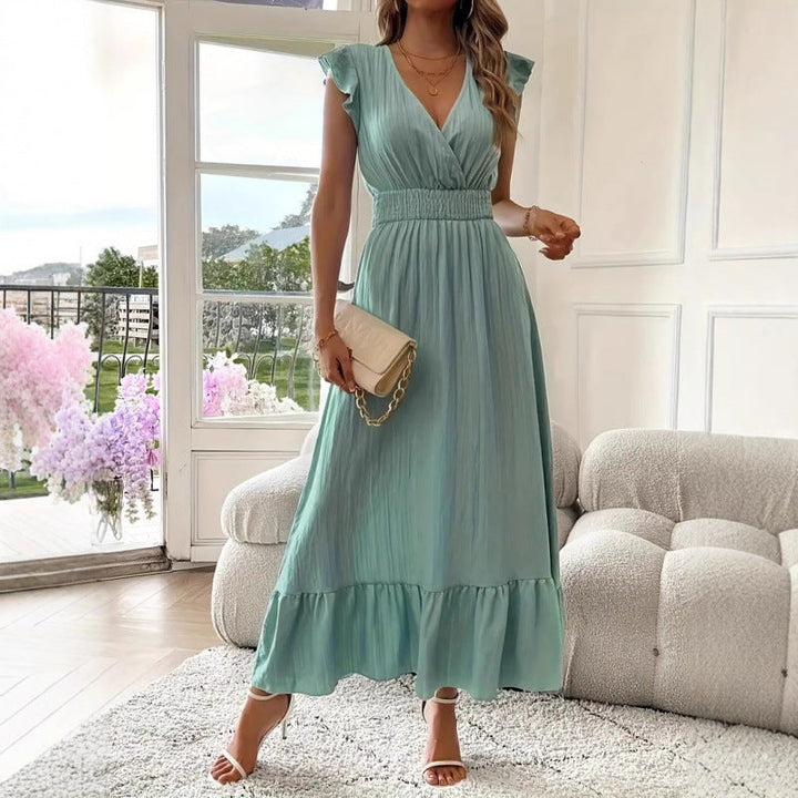 Damen Maxikleid mit voluminösen Rüschenärmel und elegantem Bund Drune