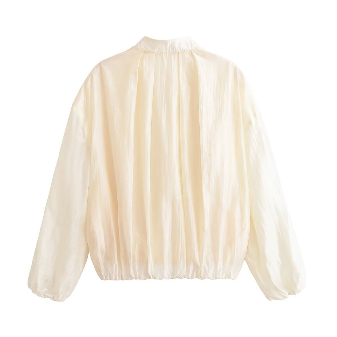 Damen Leichtes Cropped-Blouson aus Satinoptik mit Stehkragen und Elastiksaum Drune