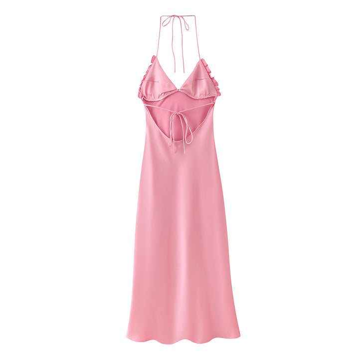 Femme Halter Neck Satin Maxi Kleid mit Rüschendetail Drune
