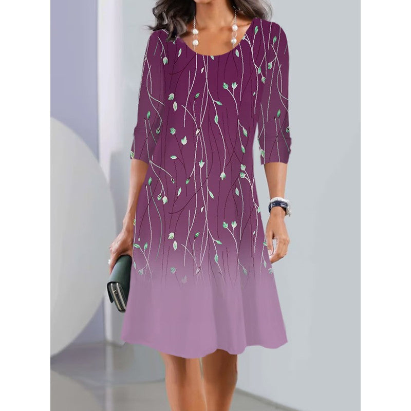 Damen A-Linien Kleid mit floralem Druck, U-Ausschnitt, Dreiviertelärmel und sanftem Ombre Drune