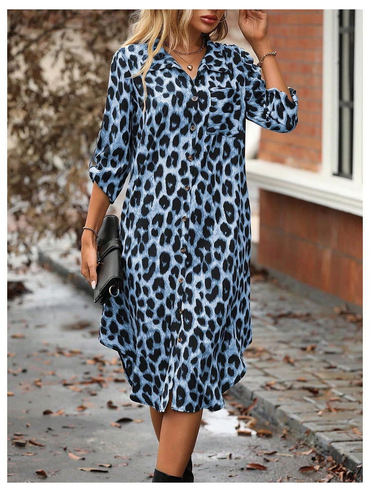 Damen Stylisches Leopardenmuster Langes Knopf-up Kleid Drune