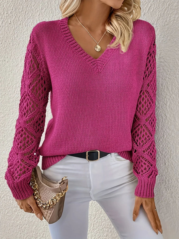 Damen Eleganter Strickpullover mit V-Ausschnitt und gehäkelten Ärmeln Drune
