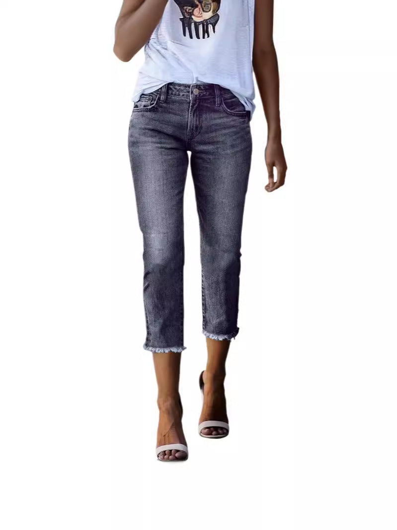 Damen nan gerade geschnittene Jeanshose in verkürzter Länge mit ausgefranstem Saum Drune