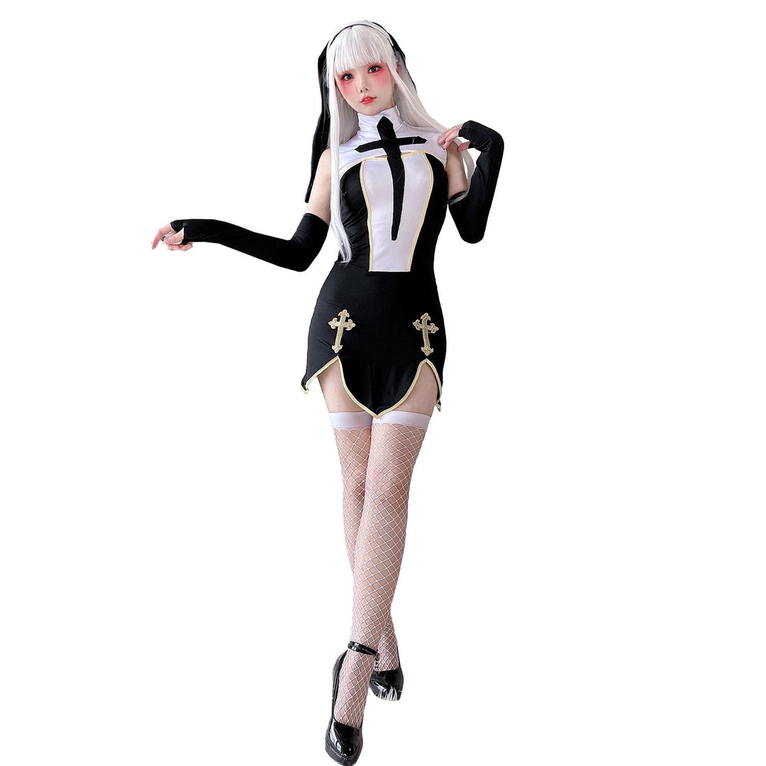 Damen Gothic Minikleid mit Spitzenärmeln und Kreuzdetails Drune