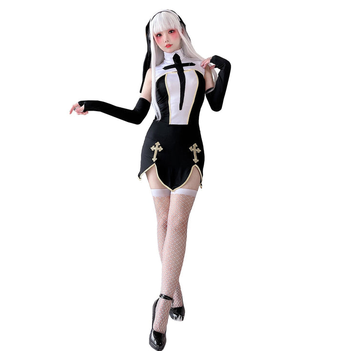 Damen Gothic Minikleid mit Spitzenärmeln und Kreuzdetails Drune