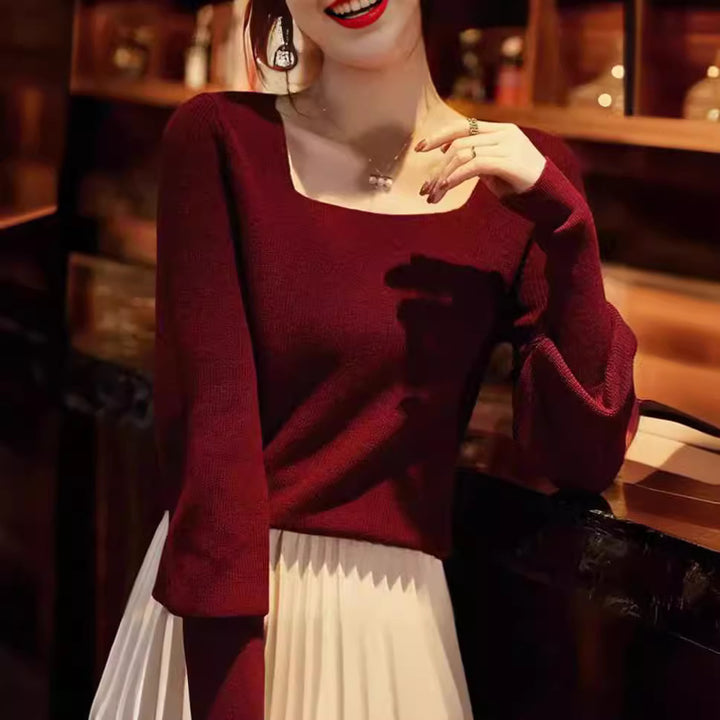 Damen eleganter Strickpullover mit schickem Quadrat-Ausschnitt und weitem Schnitt Drune