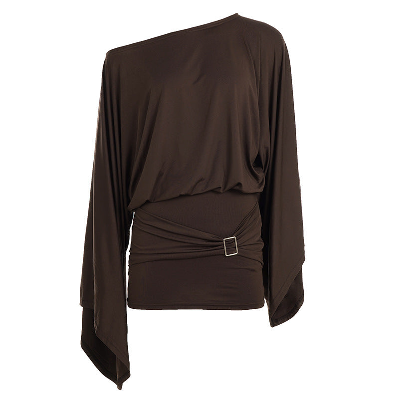 Damen Asymmetrisches Drapiertes One-Shoulder-Top mit Wasserfallärmeln und Taillengürtel Drune