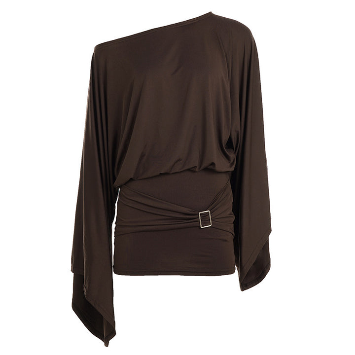 Damen Asymmetrisches Drapiertes One-Shoulder-Top mit Wasserfallärmeln und Taillengürtel Drune