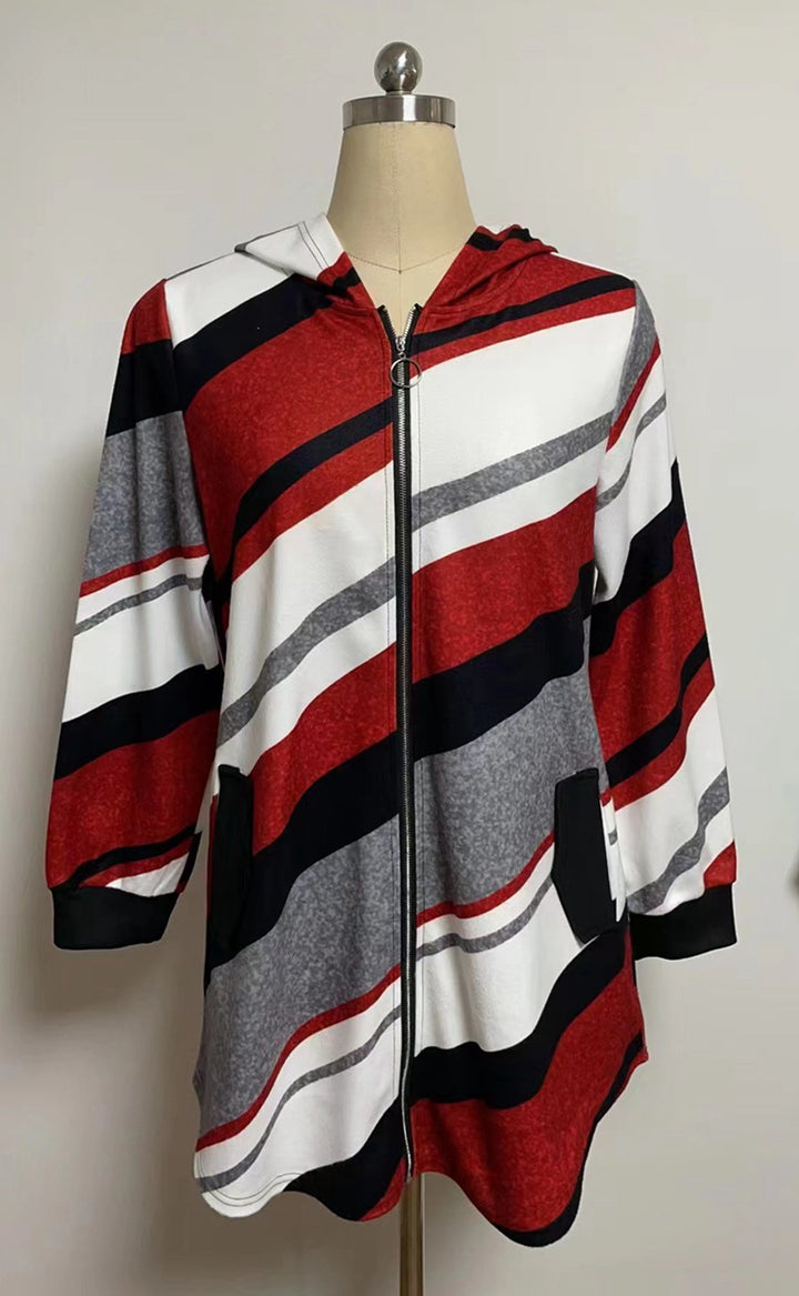 Damen nan Longline-Kapuzenjacke mit diagonalem Streifenmuster, Ringreißverschluss und Seitentaschen Drune