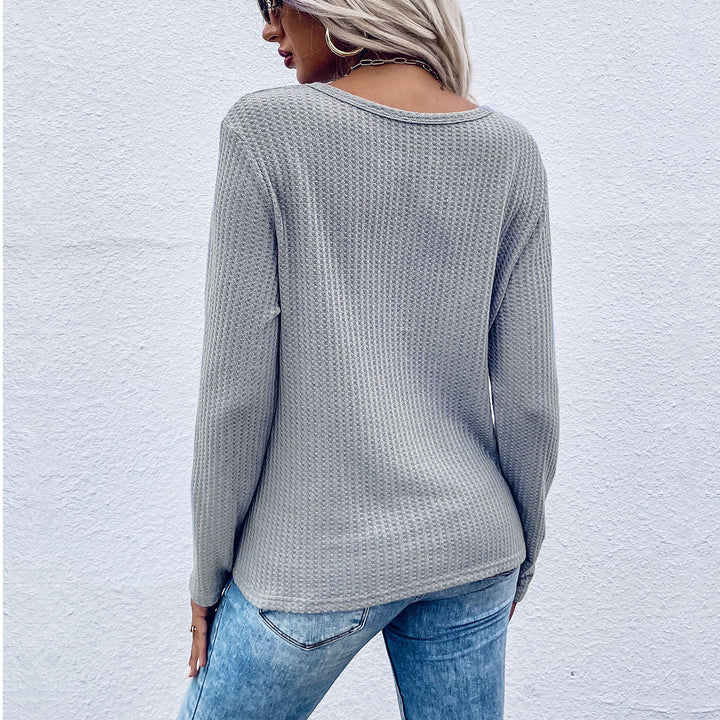 Damen Waffelstrick-Longsleeve mit V‑Ausschnitt und Knotenfront Drune
