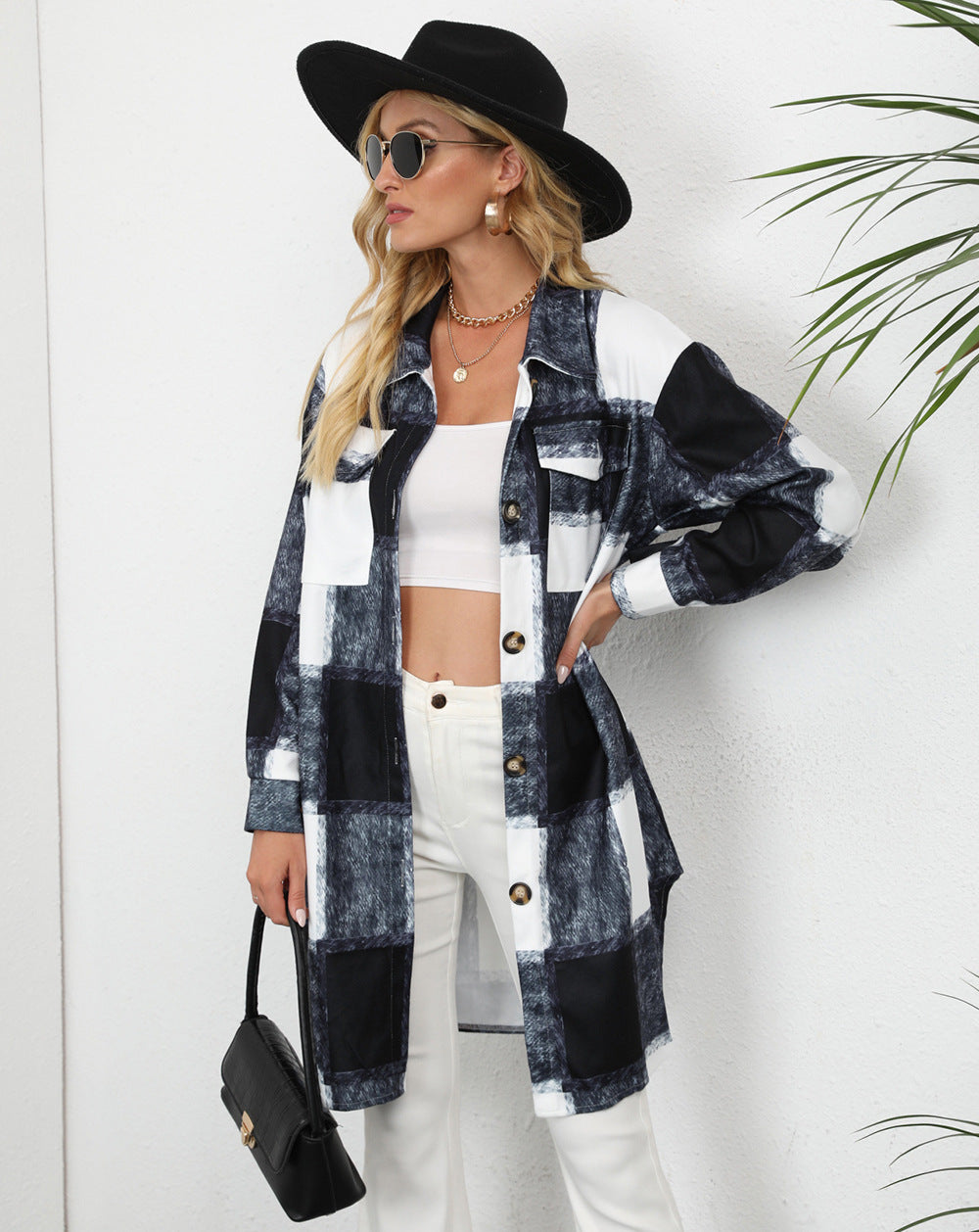 Damen Karomuster Longbluse mit Knopfverschluss und Seitentaschen Drune