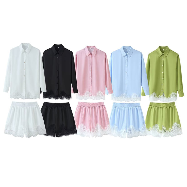 Damen Zweiteiliges Satin-Schlafanzug-Set mit Spitzenbesatz und Hemdjacke Drune