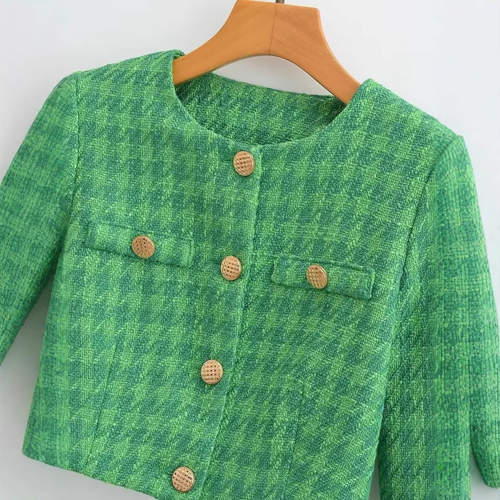 Damen Kurzblazer aus Bouclé-Tweed mit kastiger Cropped‑Silhouette und kragenlosem Design Drune