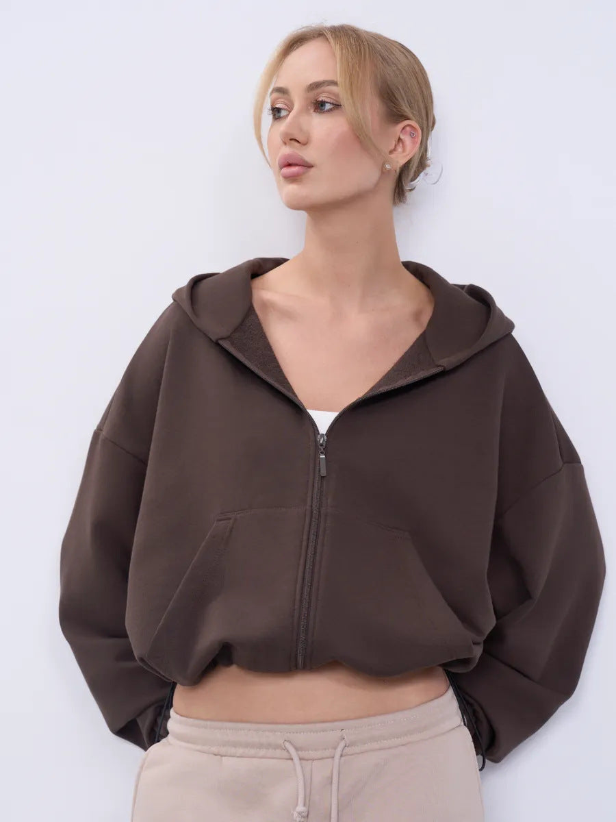 Damen legeres Cropped-Fleece-Hoodie mit Tunnelzugbund, Raglanärmeln und Reißverschluss Drune
