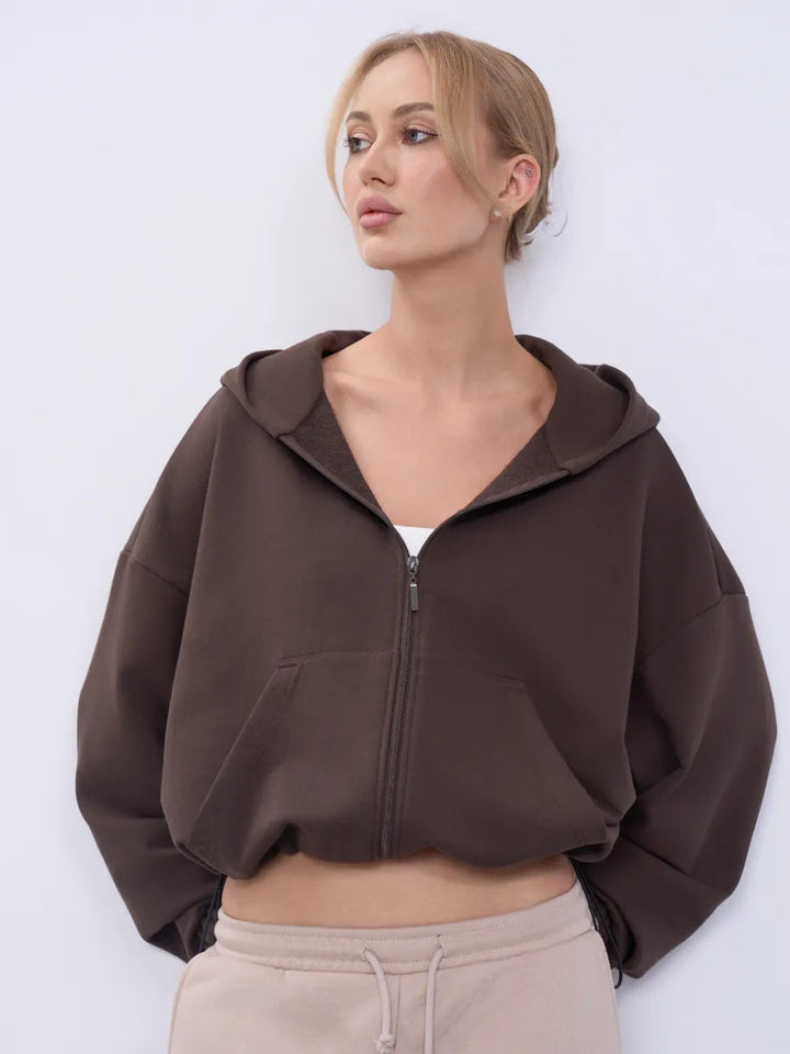 Damen legeres Cropped-Fleece-Hoodie mit Tunnelzugbund, Raglanärmeln und Reißverschluss Drune