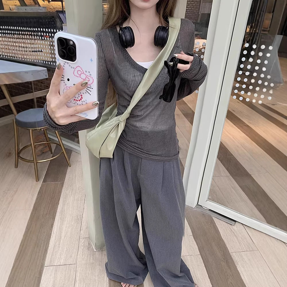 Damen langärmeliges Ripp-T-Shirt mit elegantem V-Ausschnitt Drune