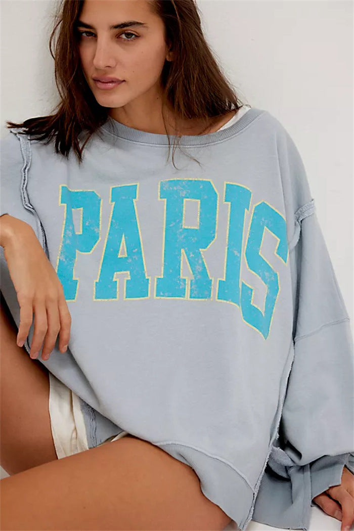 Damen oversized Sweatshirt mit Rüben-Print, ausgefransten Nahtakzenten und Daumenlochärmeln Drune