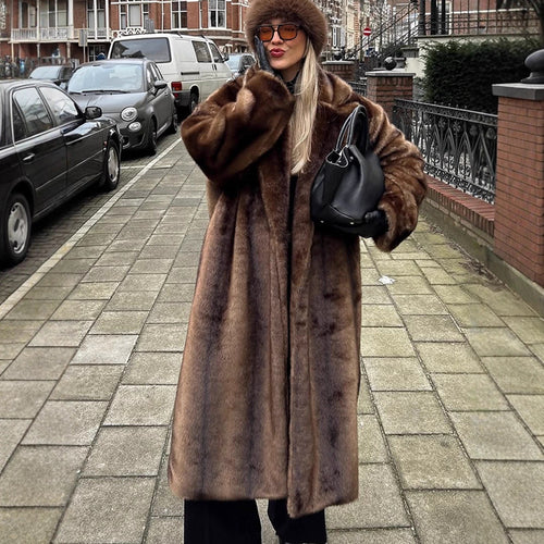 Damen Luxuriöser langer Kunstpelz-Mantel mit Oversize-Schnitt und wärmender Fütterung Drune