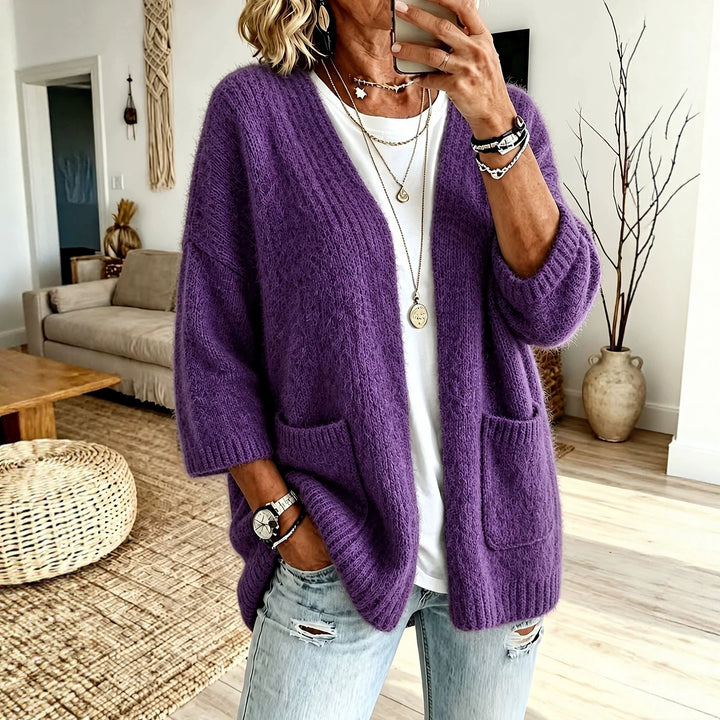 Damen Offener Longcardigan im Mohair-Look mit aufgesetzten Taschen und überschnittener Schulter Drune