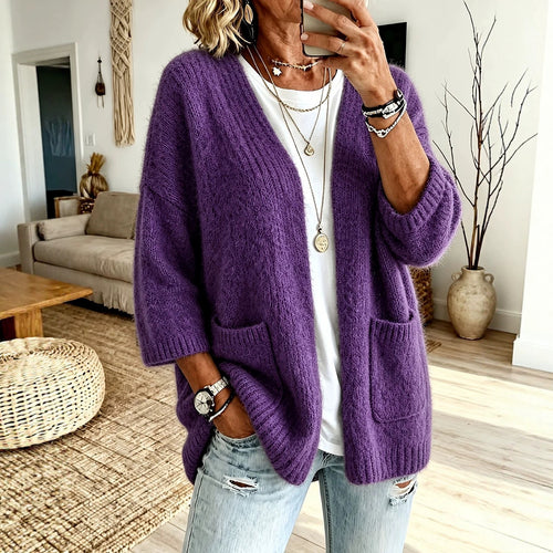 Damen Offener Longcardigan im Mohair-Look mit aufgesetzten Taschen und überschnittener Schulter Drune