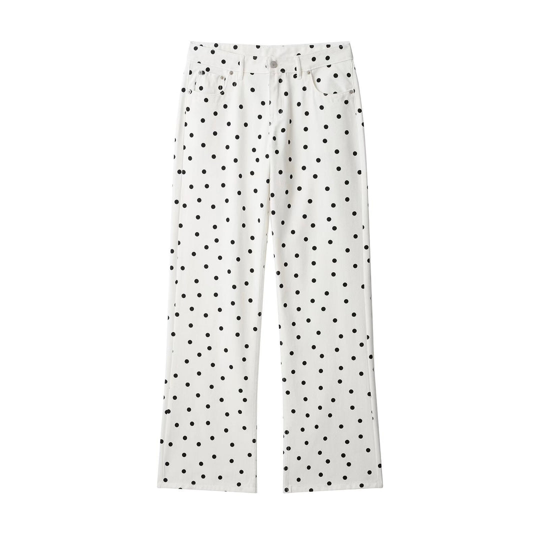 Damen Jeanshose mit weitem Bein, hohem Bund und Polka‑Dot‑Print Drune