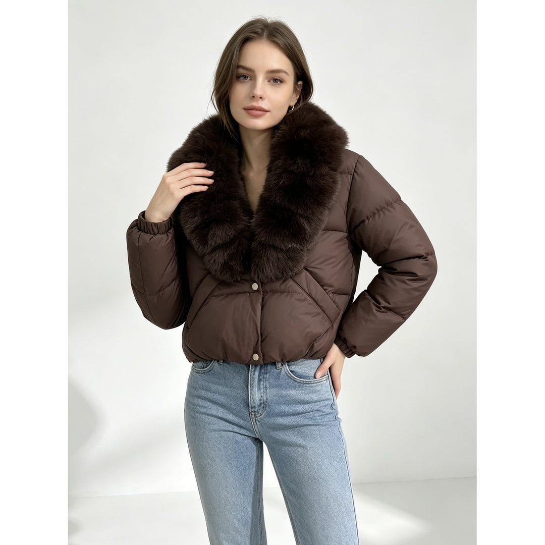 Damen nan kurze wattierte Cropped-Jacke mit extra voluminösem Kunstpelz-Schalkragen und elastischen Bündchen Drune