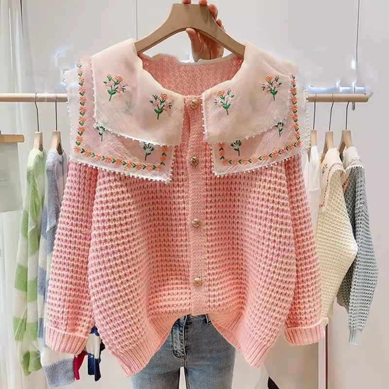 Damen gestickterCardigan mit weit geschnittenem Kragen Drune