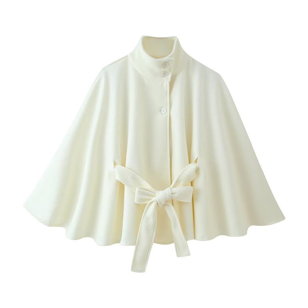 Damen 2900+ eleganter kurzer Cape‑Umhang mit Stehkragen, Knopfleiste und Taillenband Drune