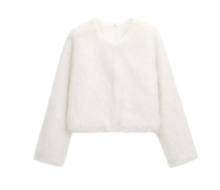 Damen 400+ kurze Kunstfelljacke im Cropped‑Cut mit V‑Ausschnitt und gerade geschnittenen Ärmeln Drune