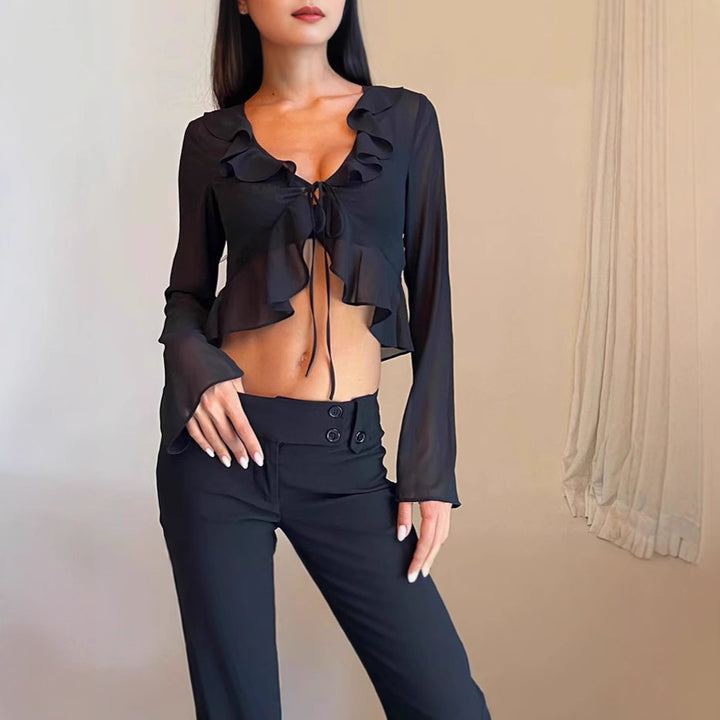 Damen Transparente Langarmbluse mit Rüschen und Bindegürtel Drune