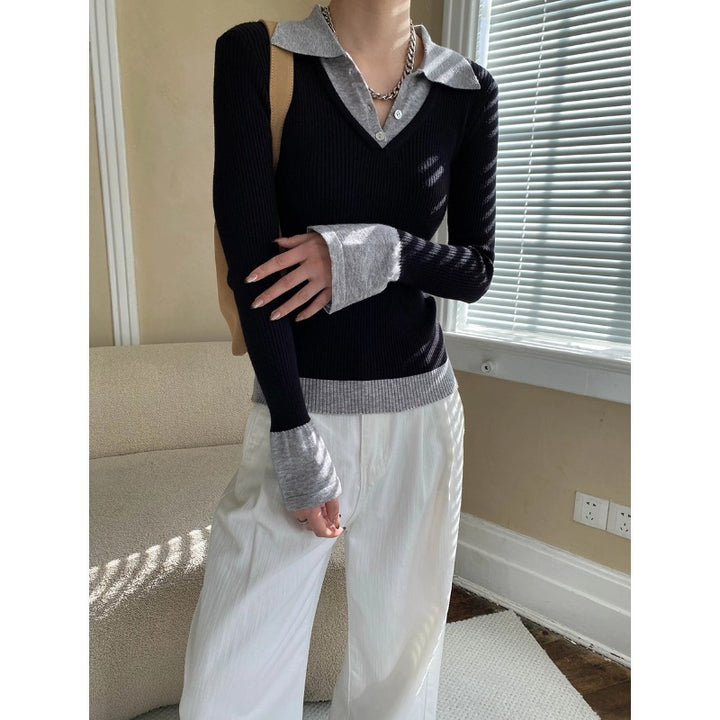 Damen figurbetontes Longsleeve mit elegantem Kragen Drune