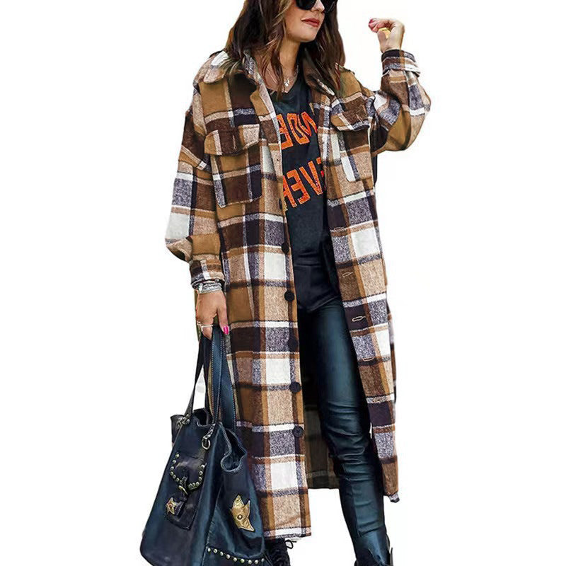 Damen Langarm-Wolljacke mit Karomuster und praktischen Taschen Drune