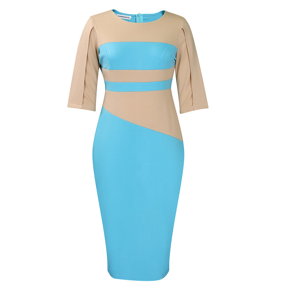 Damen figurbetontes Midi-Kleid mit asymmetrischen Farbschnitten und eleganten ¾-Ärmeln Drune