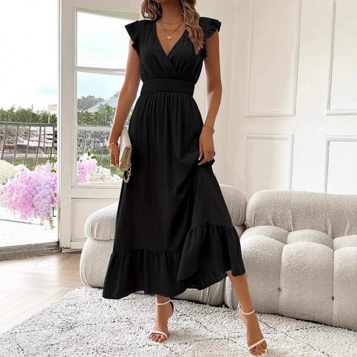 Damen Maxikleid mit voluminösen Rüschenärmel und elegantem Bund Drune